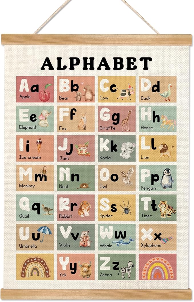 Educational Alphabet Chart Wall Art, 18.5x14Inch Colourful Alphabet Canvas Print Poster with Wooden Henger, Classroom Learning Posters, A-Z Letters Wall Art Decor for Nursery,Playroom and Home School