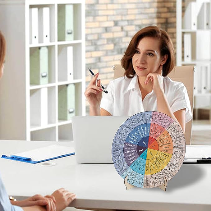Feelings Wheel Therapy Office Decor, 9.7 Inches Diameter Large Double Sided Mental Health Decor Emotion Wheel with Stand, Wooden Coping Wheel Chart Gifts for School, Therapy Office, 2025 Upgrade