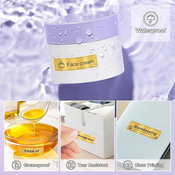 PARLAIM Label Maker Tape, 14x50mm (1/2" x 1 7/8") Self-Adhesive Thermal Label Stickers, 130pcs/Roll Gold