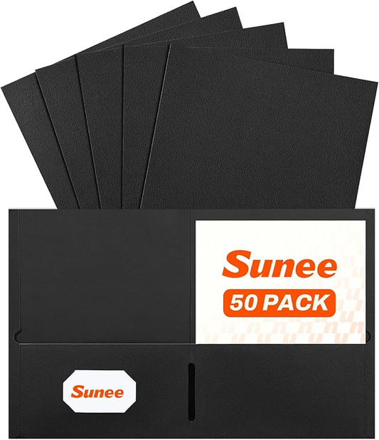 SUNEE Folders with Pockets, 50 Pack File Folders with Business Card Slot, Textured Paper, Fit Letter Size Paper, Paper File Folder for School Office Home Business, Black