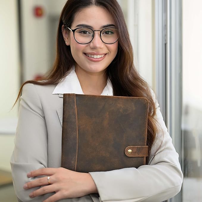 Genuine Leather Portfolio – Brown Professional Organizer & Resume Folder, Antique Leather Business Document Padfolio with Writing Pad, Ideal Gift for Men & Women