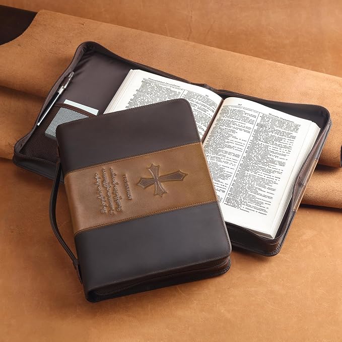 Polare Full Grain Leather Bible Case Book Protective Holder Bible Cover Church Bag Christian Religious Carrying Organizer Portfolio for Men (Dark Brown & Brown, Large)