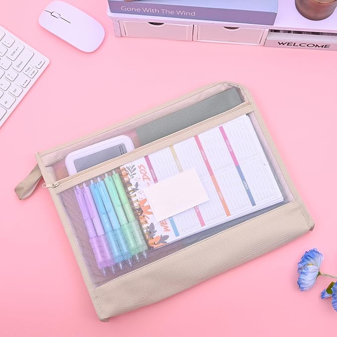 Mesh Zipper Pouch Bag with Handle, A4 Sized Double-Layer Clear Nylon Document Bags with Label, 14 x 10 in File Puzzle Storage Organizer for School Office Travel Supplies (Beige)