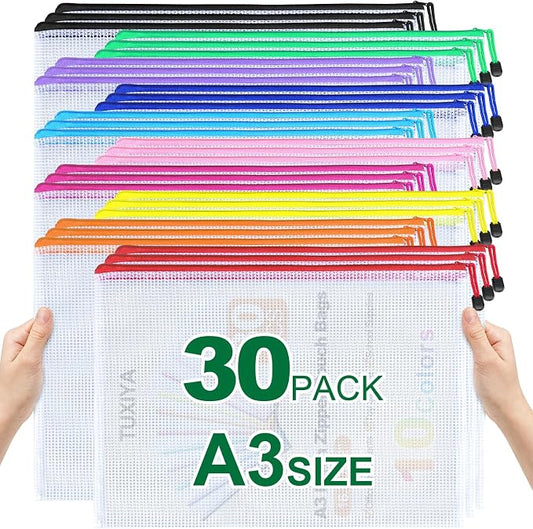 TUXIYA 30pcs Mesh Zipper Pouch Bags,A3 Letter Size,10 Colors 16.7"×12" Zipper Pouches for Organizing Storage,Mesh Bags with Zipper,for Puzzle Organizer,Board Games and Office Supplies