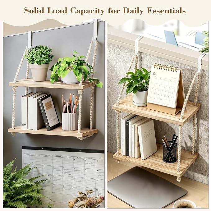 2 Tier Cubicle Shelf for Fabric Wall with Hooks,11.8 Inch Wodden Hanging Shelf with Cotton Rope Organizer Hanging Office Cubical Accessories for work,Boho Style Decor for Women Men Desk Storage