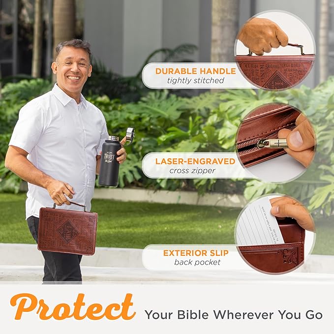 Christian Art Gifts Men's Classic Bible Cover Names of God Exodus 34:6, Brown Faux Leather, Medium