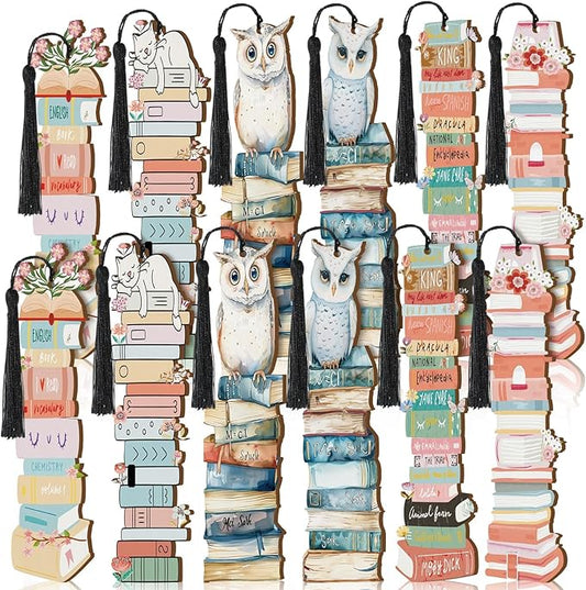 Colarr 12 Pcs Wood Bookmarks for Woman Book Club Gift for Book Worms Books Lovers Bookmarks Bulk with Tassels for Reading Party Favors Books Exchange Club Men & Women Friends(Modern)