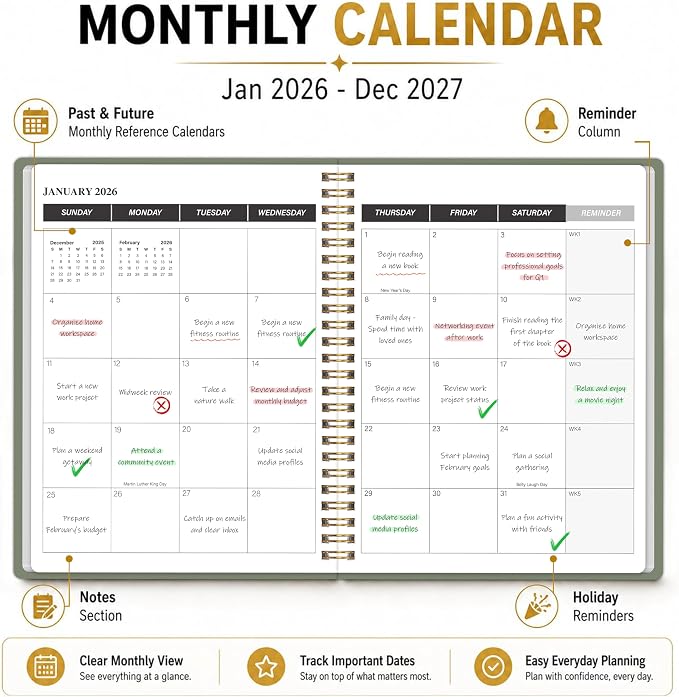 2026-2027 Monthly Planner, Calender Planner from Jan 2026 - Dec 2027, 24 Months for Planning with Habit Tracker, To-Do List, Goals,Summary ,7.5" x 10", Spiral Bindding for Personal Organizer and Office Supplies