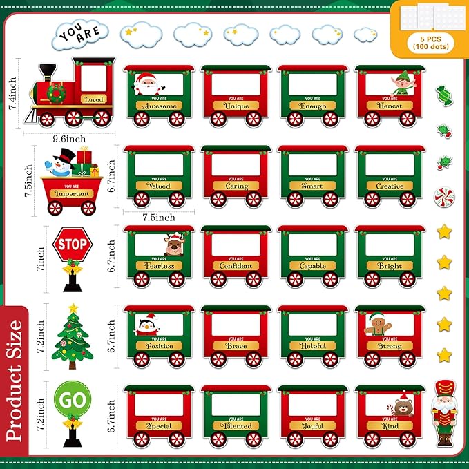 42 Pcs Christmas Train Affirmation Station Bulletin Board Decoration Train Motivational Growth Mindset Cutouts Inspirational Classroom DIY Craft Photo for School Office Party Supplies