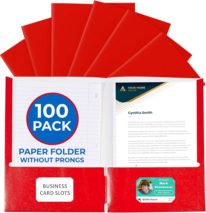100 Pack Red 2 Pocket Paper Folders. EPI Heavy Duty, Bulk Folders with Pockets and Business Card Slots. Colored Letter Size Document Organizers. Durable Portfolio for School, College, Office Files
