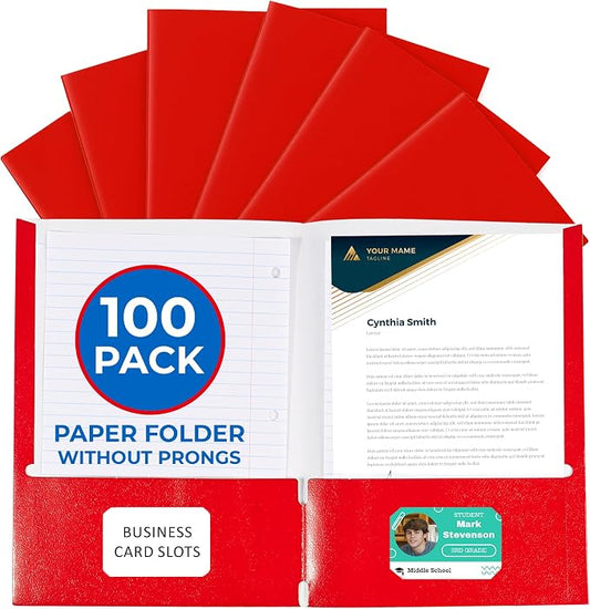 100 Pack Red 2 Pocket Paper Folders. EPI Heavy Duty, Bulk Folders with Pockets and Business Card Slots. Colored Letter Size Document Organizers. Durable Portfolio for School, College, Office Files