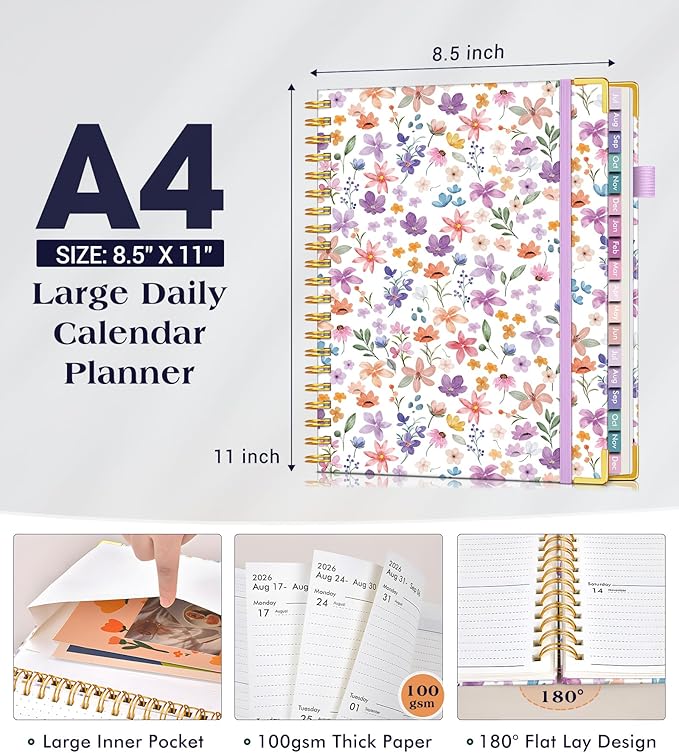 Academic Planner 2026-2027, 18 Months Weekly and Monthly Hardcover Planner, July 2026 - December 2027, 8.5" x 11" A4 Large Daily Calendar Planner Book with Tabs, Spiral College School Agenda Organizer for Student Teacher, Floral Purple