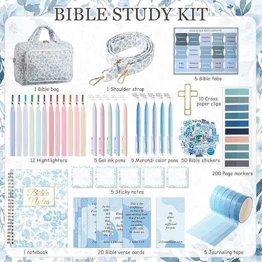Capoda Bible Cover Case for Women, Bible Tote Bibles Study Supplies with Notebook Highlighters Ballpoint Pen Sticky Notes Scripture Card for Mother's Day Christian Gifts Women Mom Girls(Flower,Blue)