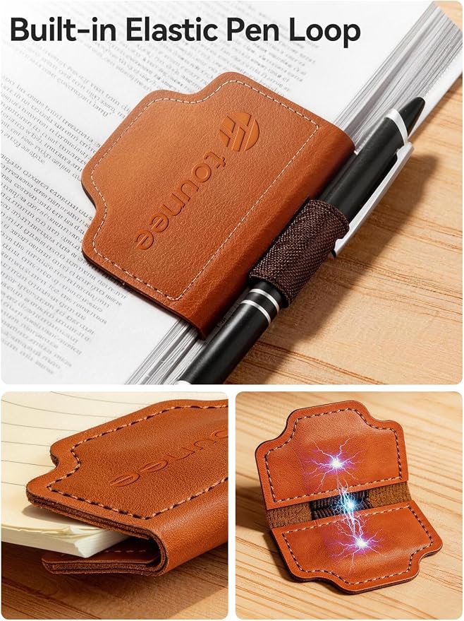 Tounee 6-Pack Magnetic Leather Bookmarks with Integrated Pen Holder, Essential Reading Accessories for Book Lovers & Avid Readers, Slim Page Markers for Bible Study, Journaling & Planners