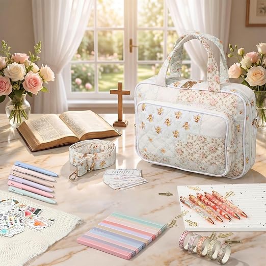 Capoda Bible Cover Case for Women, Bible Tote Bibles Study Supplies with Notebook Highlighters Ballpoint Pen Sticky Notes Scripture Card for Mother's Day Christian Gifts Women Mom Girls(Flower,Orange)
