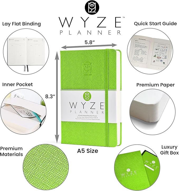 Wyze Planner Undated Daily Planner – 6-Month A5 Productivity Organizer with Full Page Per Day, Hourly Schedule, Goal Setting, Habit Tracker, Weekly & Monthly Pages – Hardcover Time Management Notebook (Lime Green)