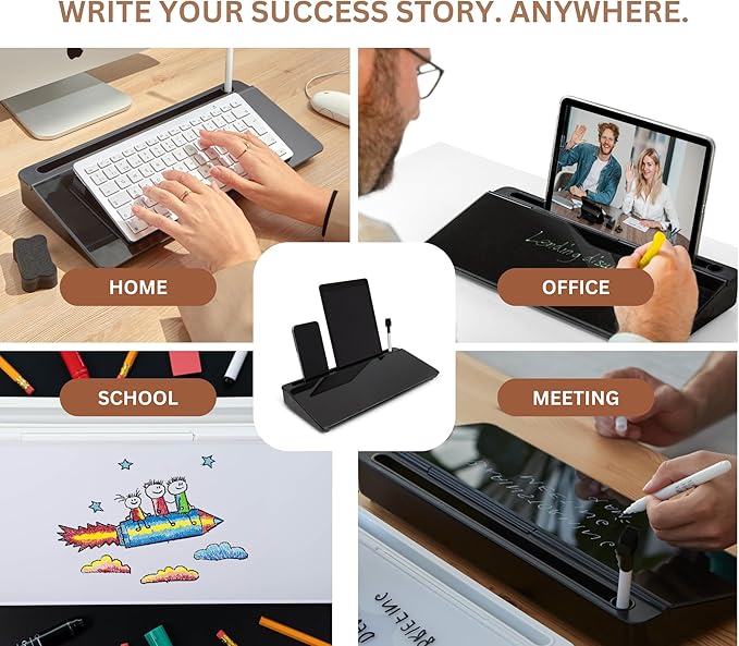 GAROOD Desktop Dry Erase Board with Storage Black Color Dry Erase Board Desk Board Glass Desktop Board with Stand Home Office Desk Organizer Phone Holder 15.8X7X2 inches