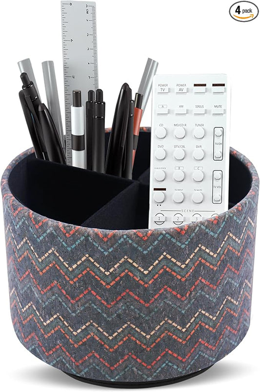 Round Leather Art Supply Organizer,Remote Control Holder,360 Degree Spinning,Multi-Functional Pencil Holder,4 Compartments Desktop Stationary Organizer(1-Red Yellow Blue Wave)