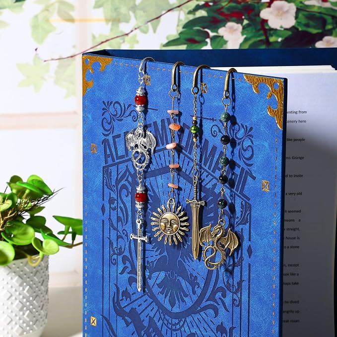 Vintage Witch Brass Metal Copper Bookmark with Dragon and Bead Chain Pendant–Wicked,Handmade Sodalite Bookmarks for Reading Women,Men,Book Lovers,Girls,Teens,Teachers and Students