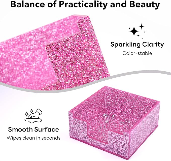 Rose Pink Sparkling Sticky Note Holder, Glitter Acrylic Organizer, 3.94 x 3.94 in Multi-Use Tray for Office, School & Home Desk