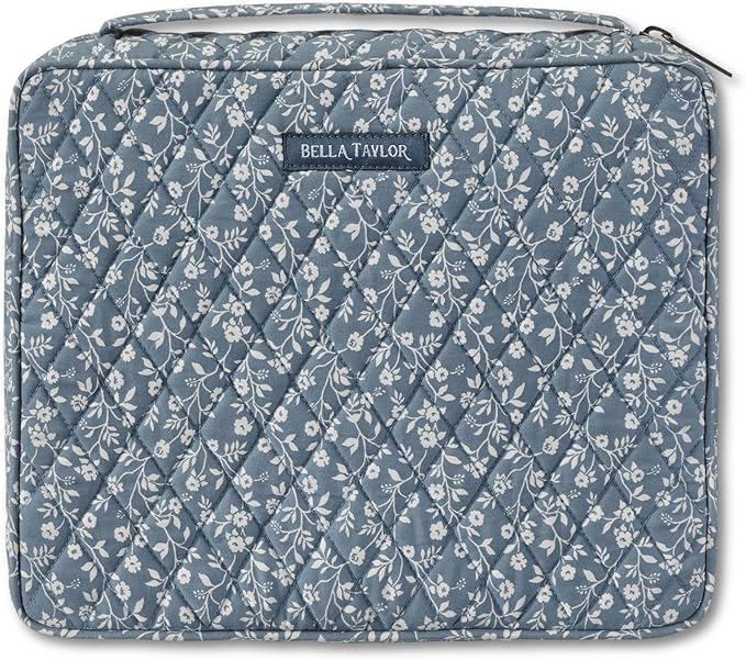 Bella Taylor Quilted Bible Cover for Women, Cotton Fabric Bible Case for Medium and Large Study Bibles, Heritage Blue Floral