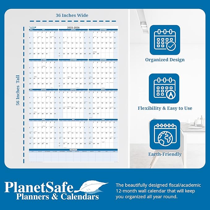 Fiscal/Academic Split Year July 2038 to June 2039 Vertical 12 Month Wall Calendar 36" x 24" - Dry & Wet Erasable with Next Year Planner Area. Complete with Fine tip Dry-erase Marker and Eraser