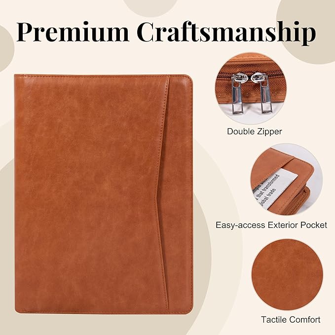 Calfinder Leather Padfolio with Zipper,Portfolio Binder, Padfolio for Women and Men,Business Portfolio for Ipad,Resume,Notebook, Professional Portfolio Organizer, Graduation Gifts