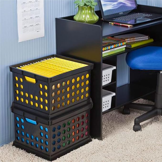 Sterilite Stackable Plastic Storage Crate Bin Organizer File Box with Handles for Home, Office, Dorm, Garage, or Utility Organization, Black, 24-Pack