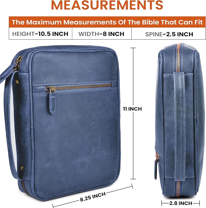LEATHER VILLAGE Genuine Leather Bible Cover with Zipper for Men & Women - Large Bible Case Carrying Bag Book Cover & Organizer with Handle and Pockets - Leather Bible Covers for Church Study - Blue