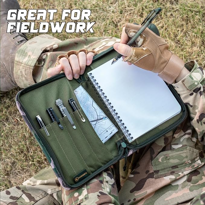 Kosibate Tactical Notebook Cover with Zipper,7.5x5 Inch OCP Military Notebook Cover, Detachable Army Field Tactical Portfolio Organizer with Flag Patch,for Protecting Notes,Book(Camogreen, Cover Only)
