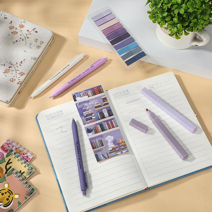 Spakon 7 Pcs Book Lovers Gifts for Readers Bookish Book Annotation Kit Aesthetic Pastel Highlighters No Bleed Gel Pens Reading Tabs Bookmark for Women Library Student Bible(Purple Series)