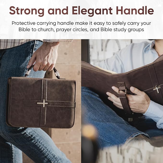 Bible Cover (U.S. Patent Pending), Discreet & Elegant Bible Case, Brown PU Leather Bible Cover, Cross Design Bible Bags, Strong and Sturdy Book Case, Includes Premium Bookmark