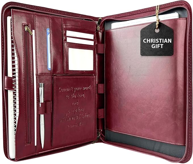 DEHITE Leather Portfolio for Men – Padfolio Case for Men and Women – Cherry Bible Notebook Organizer – Pen Slots – Zipper Binder – Premium PU Leather – Feels Like Full-Grain – Office Gift Accessories