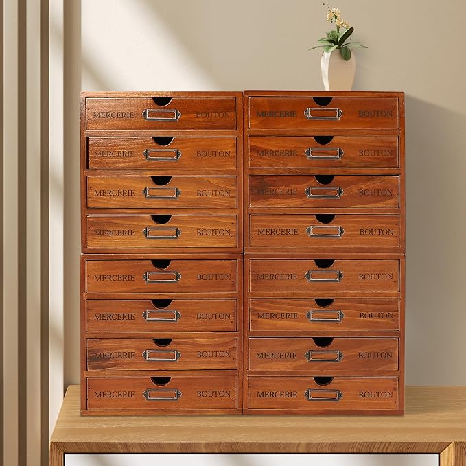 16-Drawer Wooden Storage Box, Literature Organizer 4Pcs 4-Slot Wooden Desk Drawer Unit Desktop File Holder, Craft Storage Box for Home, File Cabinet for Office, Classrooms, Cafes (Brown)