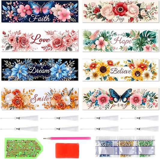 8 Pieces Christian Bible Verse Diamond Art Bookmarks 5d Christian Beaded Bookmark Acrylic Tassel Bookmark for DIY Making Beginners Adults Arts Craft Supplies (Floral-2)