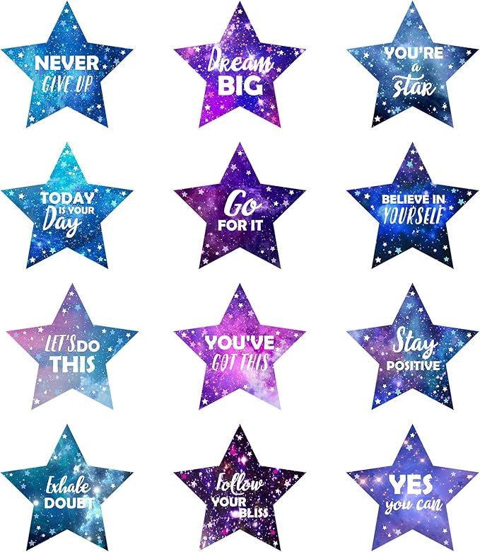 Pajean 48 Pcs Star Positive Bulletin Board Decoration Cutout Affirmation Station Classroom Bulletin Board 6 Inch Inspirational Classroom Decor Double Sided for Teacher Student Back to School(Galaxy)