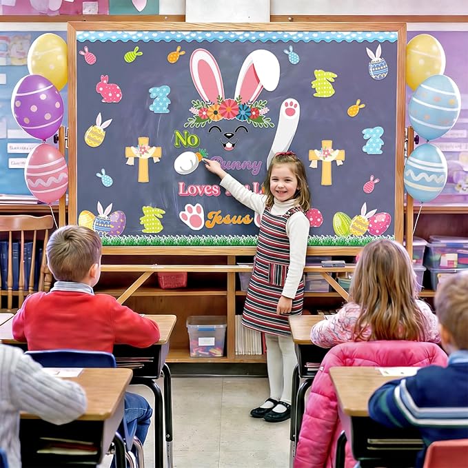 109Pcs Easter Bunny Christian Cross Bulletin Board Set No Bunny Loves You Like Jesus Eggs Cutouts Spring Rabbit Religious Bulletin Board for Bible Sunday School Chalkboard Church Wall Door Decor