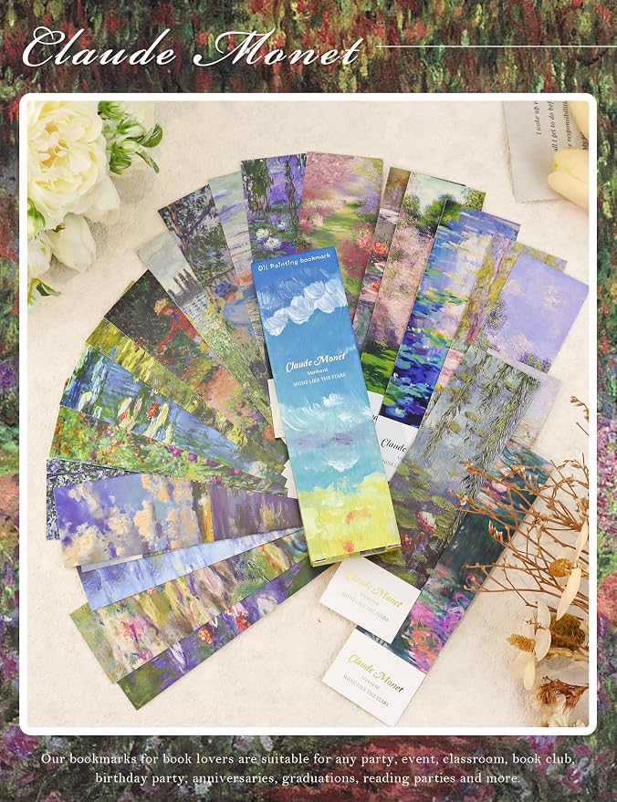 30 Pcs Paper Bookmarks, Oil Painting Bookmark Bulk for Book Lovers, Aesthetic Bookmarks Set for Women Men (Monet)