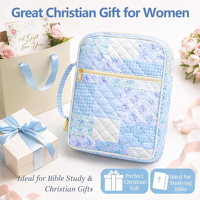 Bible Bag for Women, Bible Cover Case with Study Supplies,Large Quilted Bible Bag with Handle and Zipper, Suitable for Christian Books-Christian Gift for Girls(Blue Patchwork Flowers)