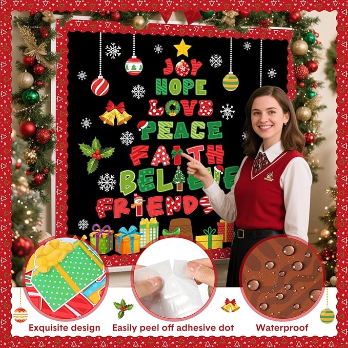 Funrous 93 Pcs Christmas Bulletin Board Decoration Set Xmas Tree Classroom Bulletin Board Decor Christmas Paper Cutouts with Borders for Xmas Winter Holiday Party School Classroom Wall Decorations