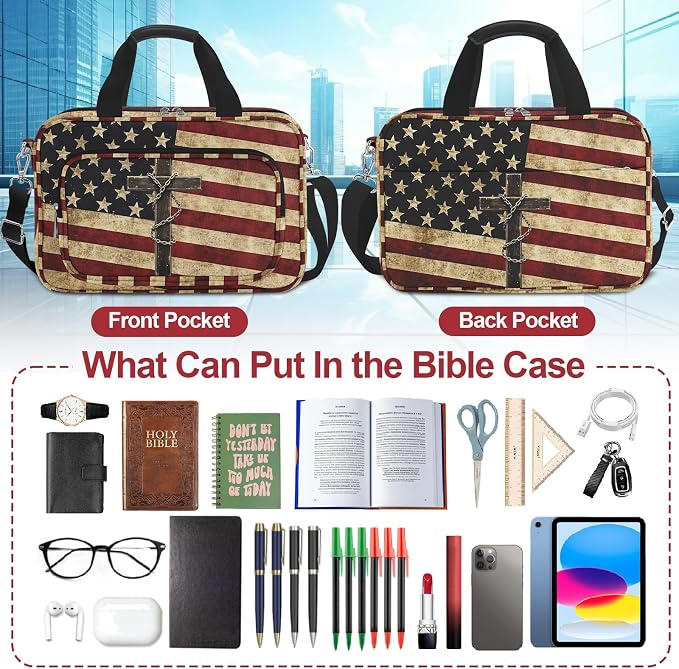 American Flag Cross Bible Cover Case for Women Men Boys,Large Bible Bag Book Carrying Case with Strap Handle Zipper Pocket,Bible Study Supplies Journaling Kit,Bible Organizer Holder Bag,Christian Gift