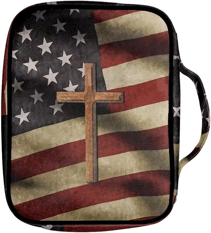 Suobstales Cross American Flag Print Bible Cover Bible Case for Women Men Lightweight Carrying Book Cover Church Bag Bible Protective Bag with Handle and Zippered Pocket