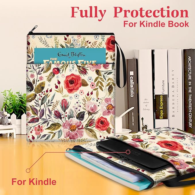 Slohif Book Sleeve Pouch Book Cover Protector with Zipper Cute Book Beau Booksleeve Small Large Retro Flowers Pouches for Paperback HardBook Cover Reading Accessories for Students Women Readers