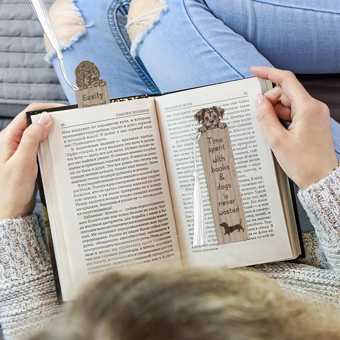 TICIAGA Wooden Dog Animal Bookmark - 4PCS Walnut Puppy Pet Bookmark Bulk with Tassel for Book Lover, Cute Dog Wooden Carving Book Mark Gift for Reading, Teacher Appreciation Gifts for Pet Lover