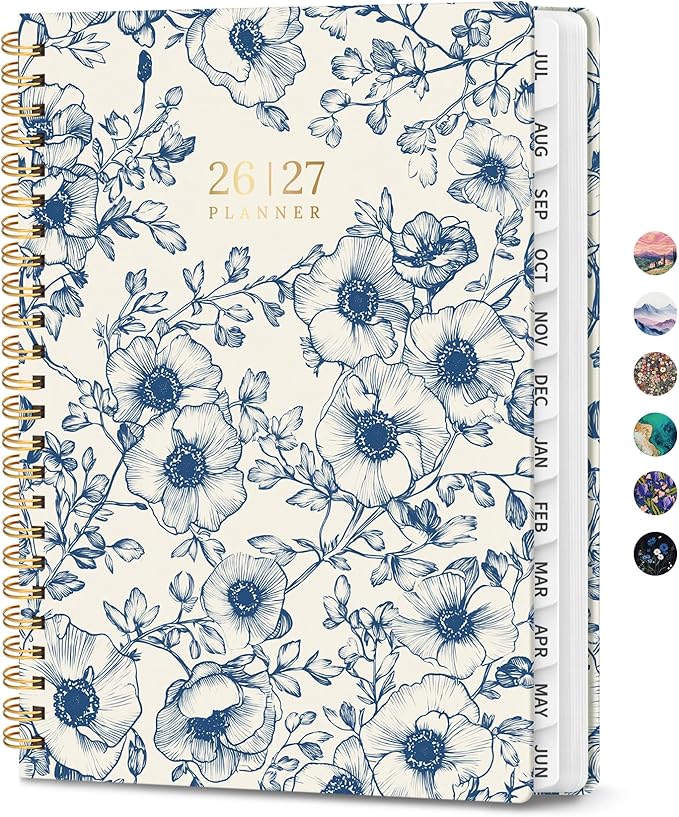 Planner 2026-2027, Monthly and Weekly Academic Planner July 2026 - June 2027, Hardcover Student Teacher Planning Agenda Calendar Book with Tabs, Perfect for Office School Supplies, A4 (8.5" x 11") - Porcelain Bloom