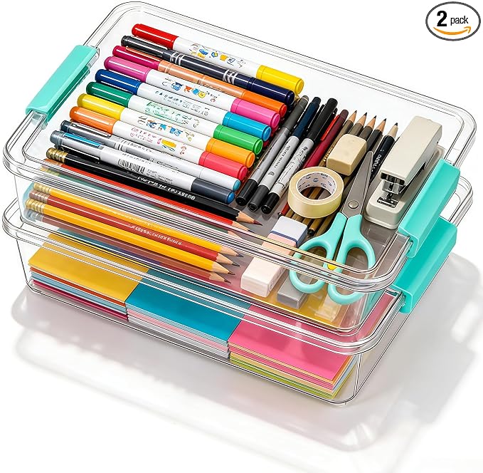 6 Qt Clear Plastic Storage Bins Containers with Lids, Arts Crafts Organizers and Storage, Stackable Containers for A4 Paper File Scrapbook Documents for Home Office and School Supplies 2 Pack