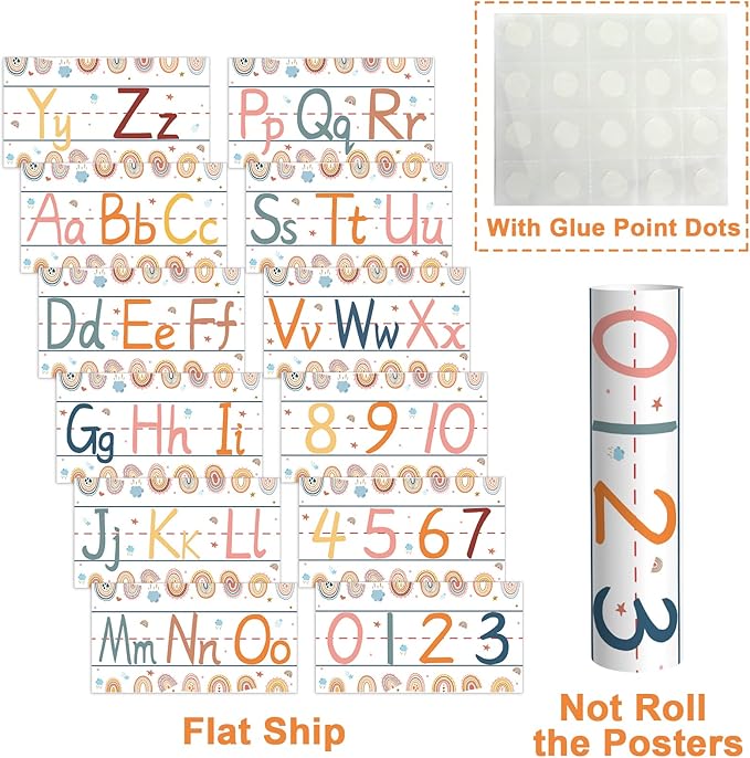 gisgfim 12 Pieces Alphabet Bulletin Board Strips Set Boho Rainbow Alphabet Line ABC Alphabet Banner & Number Border Posters for Preschool Kindergarten Classroom Playroom Bedroom (Boho)
