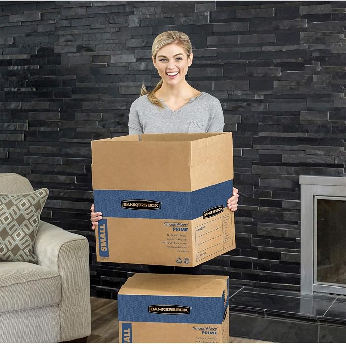 Bankers Box Medium Prime Moving Boxes, Tape-Free FastFold with Reinforced Handles and Attached Locking Lid (Pack of 15)