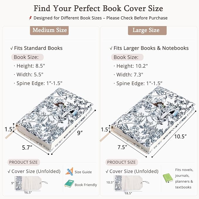 Aplufine Adjustable Fabric Book Cover with Elastic Band, Washable Reusable Book Sleeve for Hardcover Books, Textbooks, Novels & Journals, Book Protector with Pocket & Bookmark,Book Gift