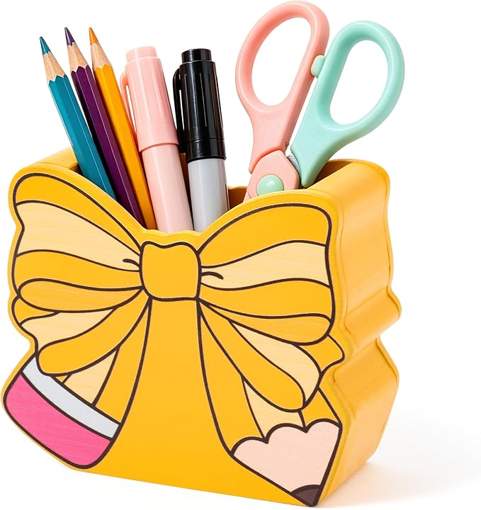 MALLMALL6 Bow Pencil Holder - Back to School Wooden Pen Holder, Cute Ribbon Caddy Case Gift for Kids Students Girls Women, Desktop Dispenser Storage Organizer for Classroom Teacher Office